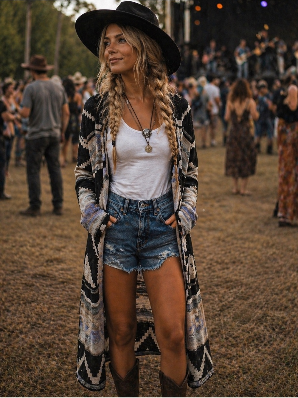Free People Long Black and Cream Knit Cardigan with Hoodie